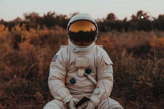 A man in a white spacesuit is sitting in a field photo