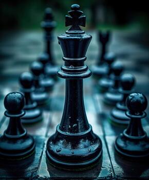 negro ajedrez pedazo es el centrar de atención en un grupo de negro ajedrez piezas foto