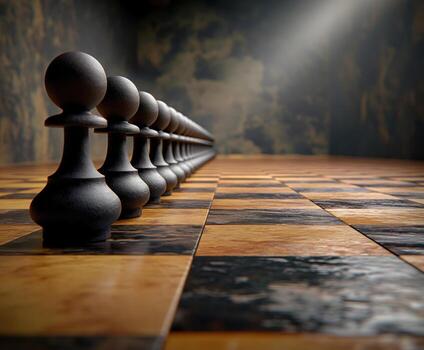 un fila de negro ajedrez piezas son forrado arriba en un a cuadros tablero foto