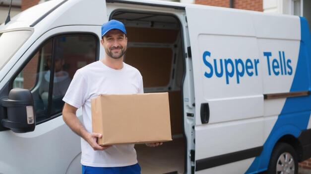 He is holding a cardboard box photo