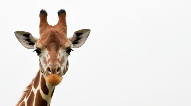 A giraffe is looking at the camera with its mouth open photo