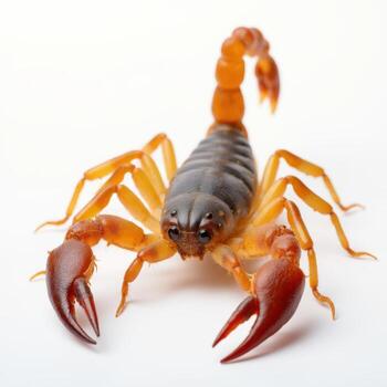 A large brown and orange scorpion is standing on a white background photo