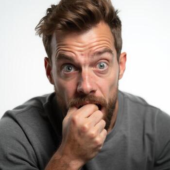 A man with a beard and a mustache is biting his nails photo