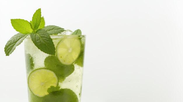 A glass of limeade with a sprig of mint on top photo