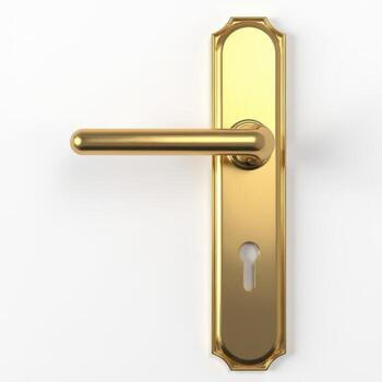 A gold handle on a door on white background photo