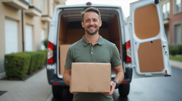 A man is smiling and holding a brown box in front of a white van photo