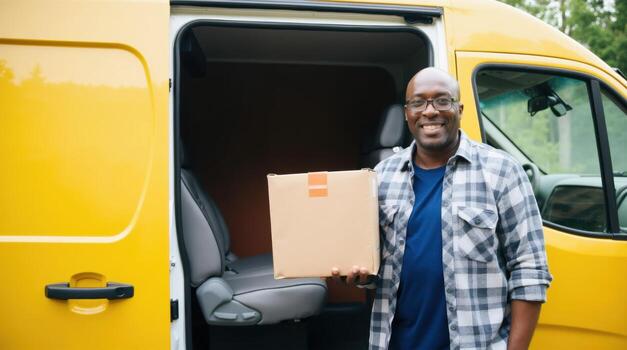 A man is holding a cardboard box in front of a yellow van photo