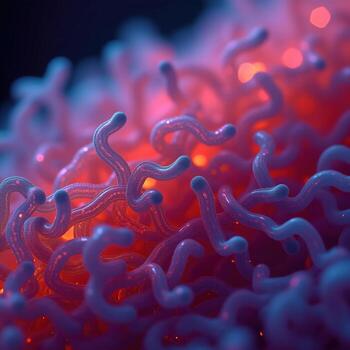 The image is a close up of a fuzzy pink and blue blob with many small white photo