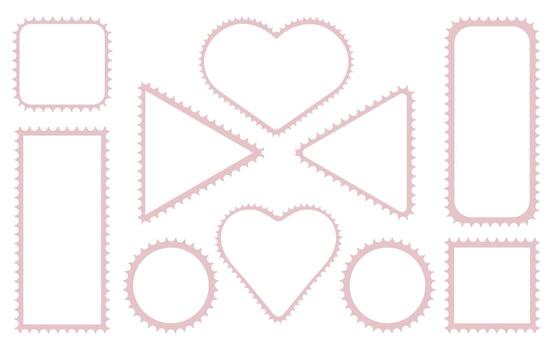 Outline stamp frame with heart edge. Postage shape border for mail card template. Vintage perforated envelope label with zigzag line. Postmark note sample graphic set. Empty cut travel sticker. vector