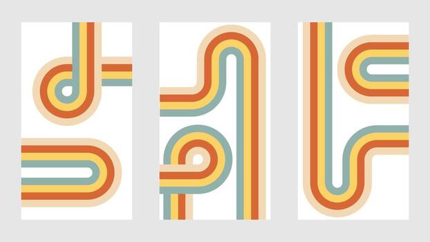 70s retro rainbow poster background with groovy line design. Abstract color stripe pattern with wave, circle and psychedelic geometric curve art. Creative 1970s dynamic print template for cover. vector