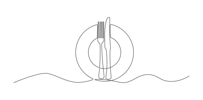 continuo línea Arte de cuchillería. mínimo una línea dibujo de un tenedor, cuchillo, y plato para restaurante diseño vector