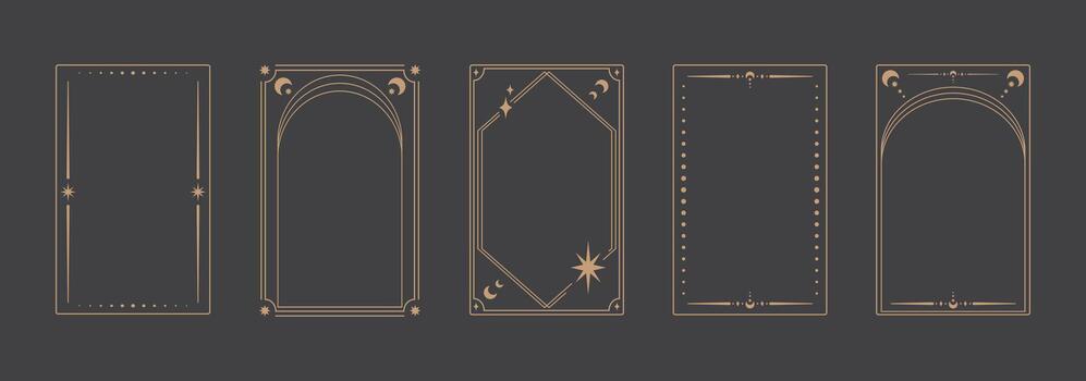 Empty Tarot card frame border templates. Elegant golden linear frame set with celestial and mystical geometric details. Esoteric border design with dots and corners, vector