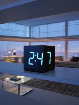 A digital clock is displayed on a shelf in a living room photo