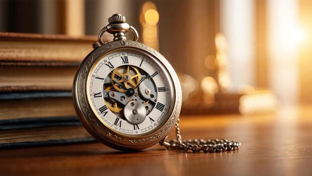 An old pocket watch on a table with books photo