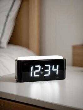A digital alarm clock on a table in a bedroom photo
