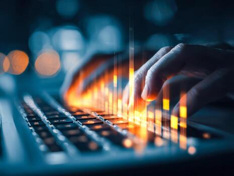 Hands typing on a keyboard with digital data visualization and glowing effects photo