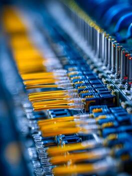 High-tech network server panel with multiple yellow fiber optic cables connected for fast data transmission in telecommunications infrastructure system photo
