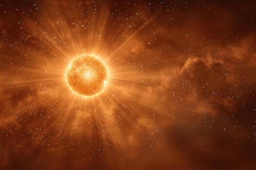 Bright orange sun radiating light in a cosmic space filled with stars and clouds, showcasing the beauty of celestial phenomena and the vastness of the universe photo