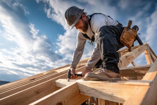 Skilled construction worker, wearing a hard hat and work gloves, is hammering wooden beams on a roof structure, showcasing dedication to building and craftsmanship in a dynamic outdoor setting photo