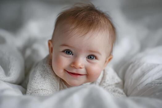 Baby with light brown hair, smiling joyfully while lying on soft white bedding, creating a warm and inviting atmosphere of innocence and happiness photo