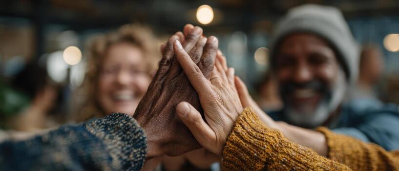 Diverse group of individuals joyfully engaging in a high-five gesture, showcasing unity and celebration in a warm, inviting atmosphere with soft lighting and smiling faces photo