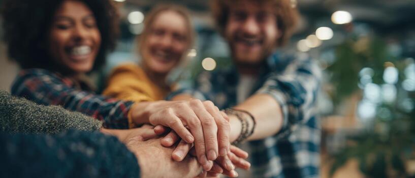 Group of diverse friends with hands stacked together in a collaborative gesture, celebrating teamwork and unity in a bright, modern workspace filled with greenery and natural light photo