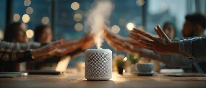 Group of diverse individuals gathered around a table, engaging with a modern smart speaker, creating a collaborative atmosphere with warm lighting and a sense of connection photo