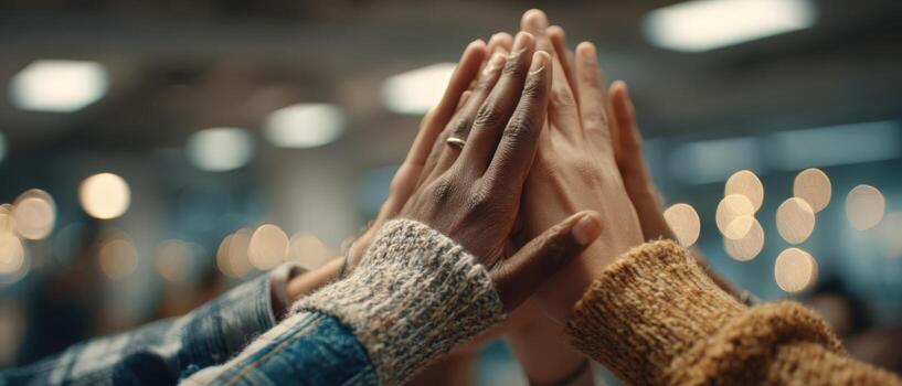 Diverse hands of individuals, showcasing unity and collaboration, are raised together in a celebratory gesture, symbolizing teamwork and community spirit in a modern workspace photo