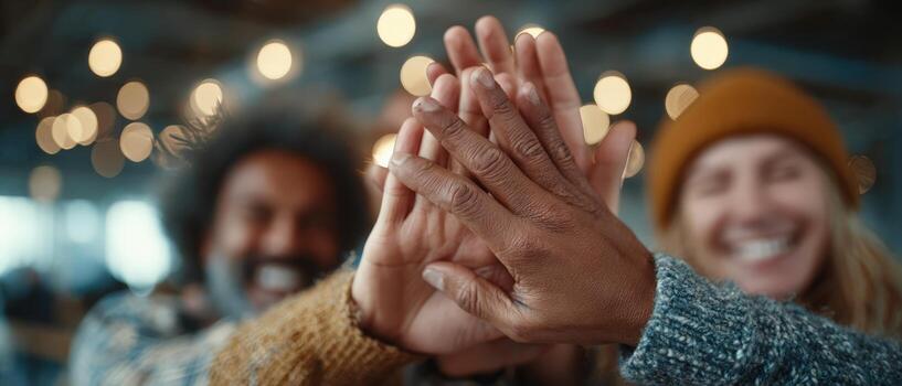 Group of diverse friends, smiling and celebrating together, with hands stacked in unity, surrounded by warm ambient lighting, creating a joyful and inclusive atmosphere photo
