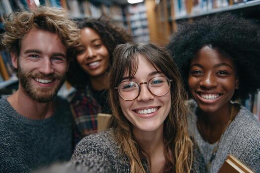 Group of diverse young adults smiling together in a library, showcasing friendship and joy, surrounded by bookshelves filled with literature and knowledge photo