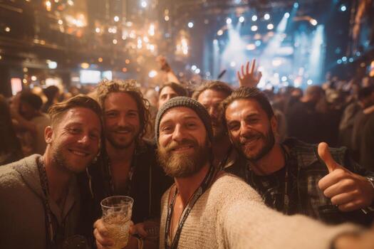 Group of cheerful men enjoying a night out at a lively concert, capturing a fun selfie with drinks in hand, surrounded by a vibrant crowd and colorful lights photo