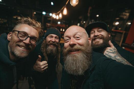 Group of four men with beards and glasses smiling together in a cozy bar setting, showcasing camaraderie and friendship in a lively atmosphere photo