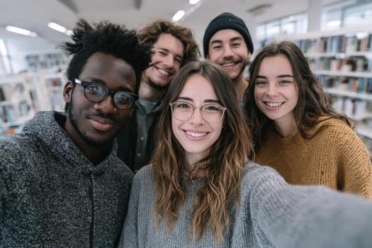 Group of diverse young adults smiling together in a library, showcasing friendship and connection, with bookshelves filled with literature in the background photo