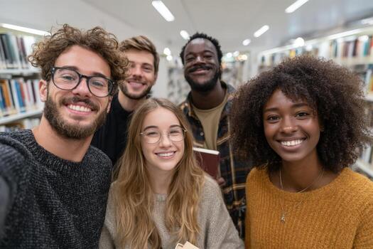 diverse young adults smiling together in a library, showcasing friendship and collaboration, surrounded by bookshelves filled with literature and knowledge photo