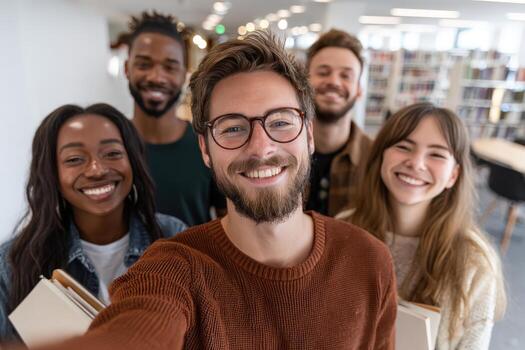 Group of diverse young adults smiling together in a modern library setting, showcasing friendship and collaboration among students in an academic environment photo