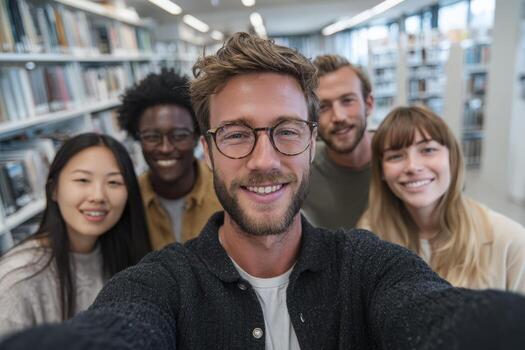 Group of diverse young adults smiling together in a library, showcasing camaraderie and friendship, with bookshelves filled with literature in the background photo