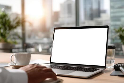 Laptop with blank screen on wooden desk, coffee cup beside it, in modern office setting with large windows showcasing cityscape, ideal for mock up and copy space usage photo