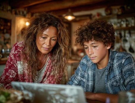 Woman and boy engaged in digital learning together, exploring content on a tablet in a cozy, rustic kitchen environment, showcasing connection and education photo