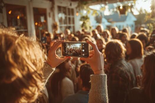 Individual capturing a lively gathering with a smartphone, surrounded by a diverse crowd enjoying a warm atmosphere, showcasing the essence of social connection and celebration photo