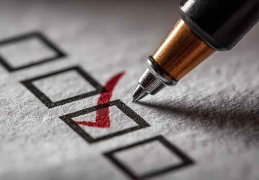 Close-up of a pen marking a checkbox with a red check on a paper checklist, symbolizing task completion and organization in a professional setting photo