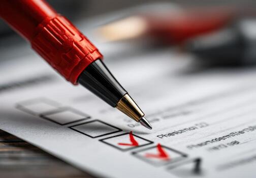 Close-up of a red pen poised over a checklist on a wooden table, highlighting the importance of organization and task completion in personal and professional settings photo