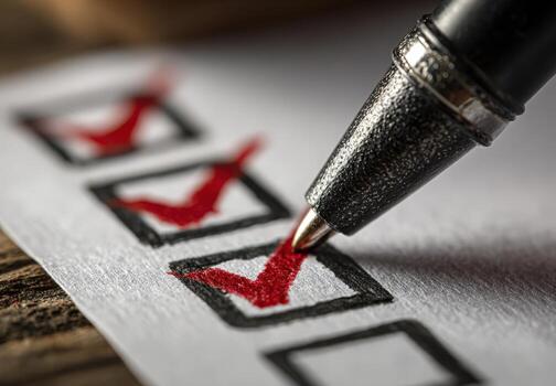 Close-up of a black pen marking checkboxes on a checklist, with red ticks indicating completed tasks, showcasing organization and productivity in a workspace setting photo