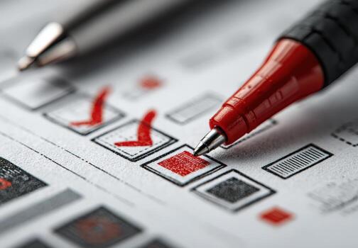 Close-up of red pen marking checkboxes on printed paper with various design elements, showcasing attention to detail in creative project management and visual organization photo