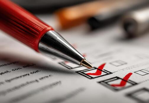 Close-up of a red pen poised over a checklist with marked boxes, emphasizing the importance of organization and task completion in a professional setting photo
