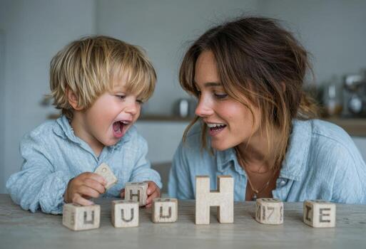 Young boy and woman engaged in playful learning with wooden blocks, showcasing letters and expressions of joy in a bright, inviting indoor environment photo