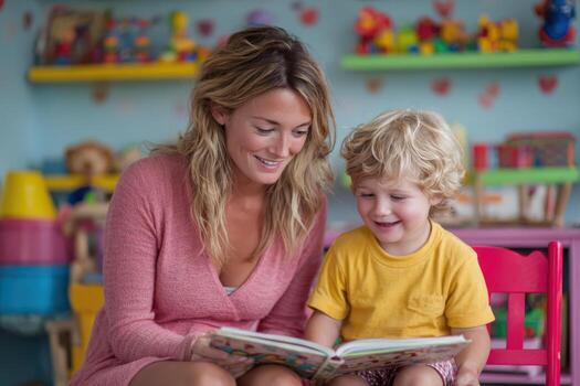 Woman reading a colorful storybook to a young child in a vibrant playroom filled with toys, fostering a joyful learning experience and nurturing bond between them photo
