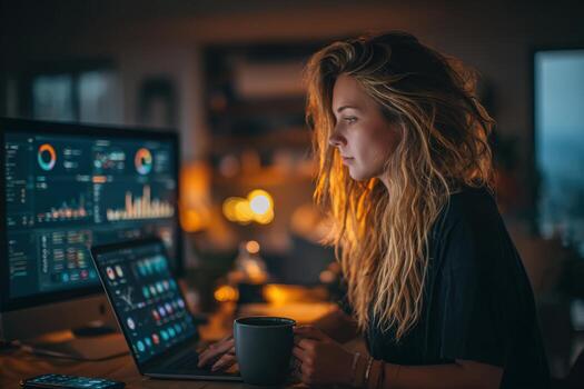 joven mujer con ondulado rubia cabello, enfocado en ordenador portátil pantalla, analizando datos en un acogedor espacio de trabajo con calentar Encendiendo y múltiple digital muestra exhibiendo gráficos y Estadísticas foto