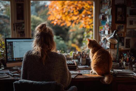 Woman with long hair sitting at a desk, working on a computer, with a cat beside her, surrounded by art supplies and a view of autumn foliage outside the window photo