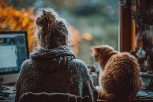 Woman with curly hair wearing cozy sweater sits at desk with computer, while orange cat rests beside her, creating a warm and inviting home office atmosphere photo