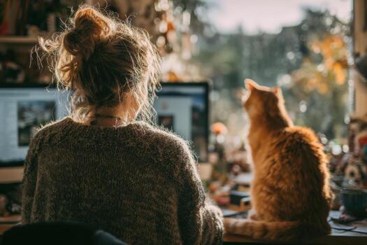 Woman with curly hair wearing cozy sweater is seated at desk, working on computer with orange cat beside her, creating a warm and inviting home office atmosphere photo